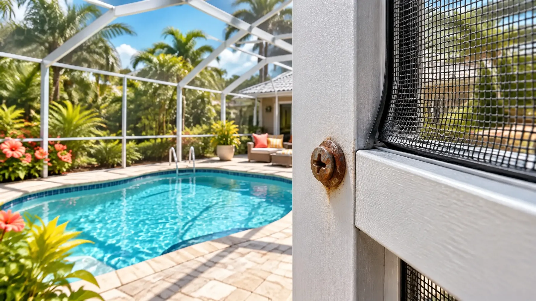 A rusted fastener at an aluminum pool cage joint, with a Florida pool and lush garden beyond